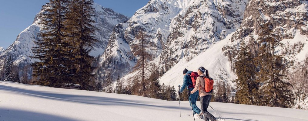 Zwei Personen bei einer Schneeschuhwanderung.